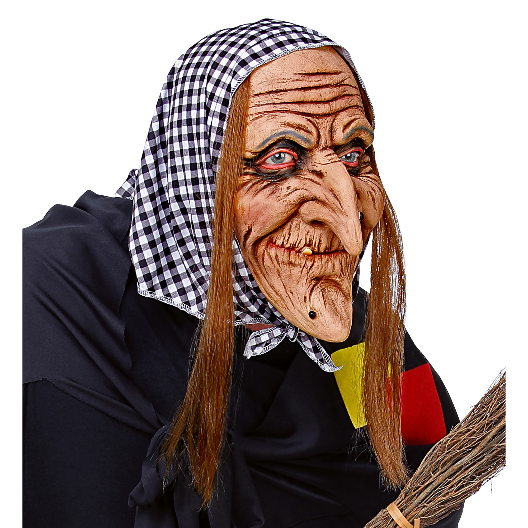 Hexenmaske mit Haaren und Kopftuch