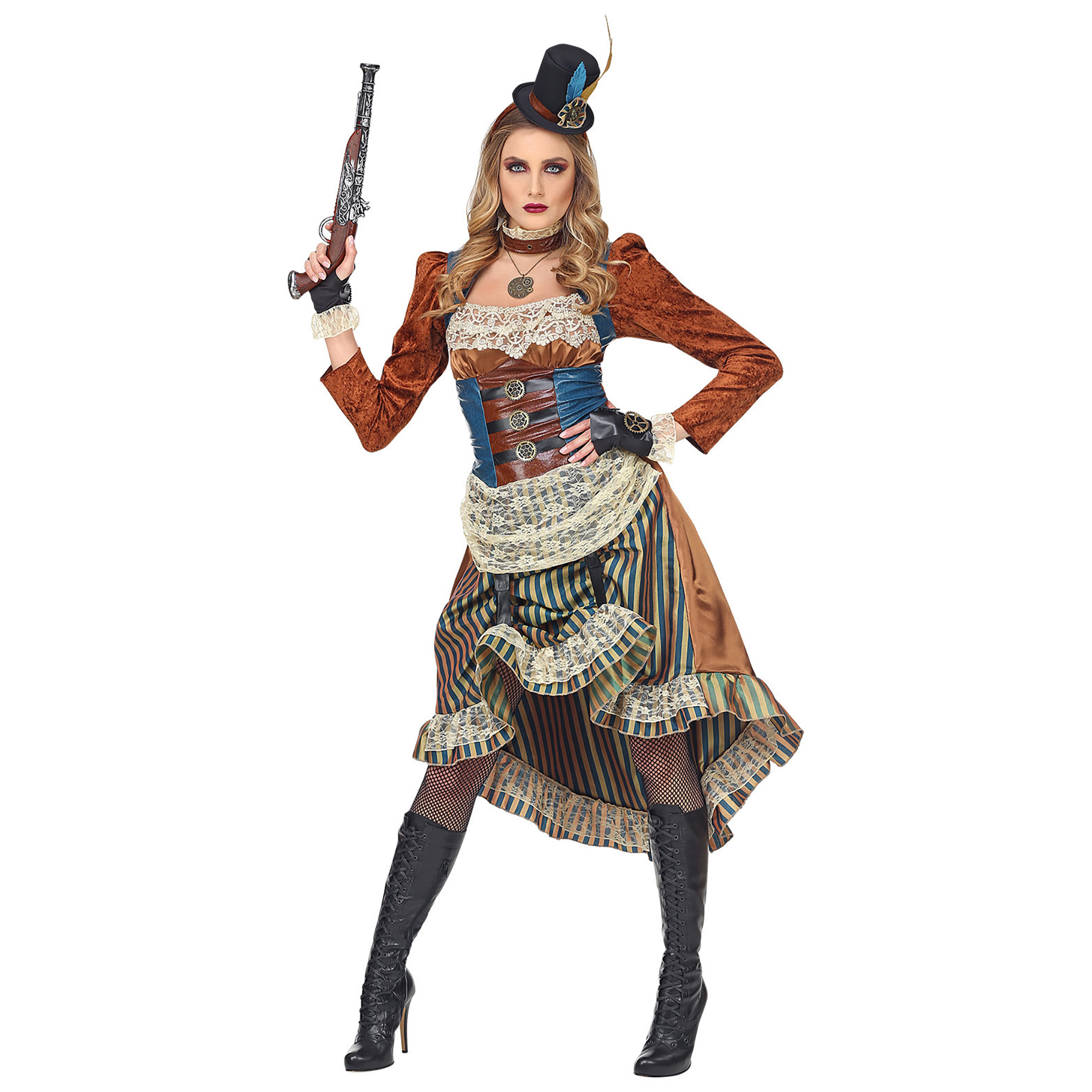 Steampunk Gr. XXL (Kleid mit Halsband, Fingerlosen Handschuhen, Minihut)