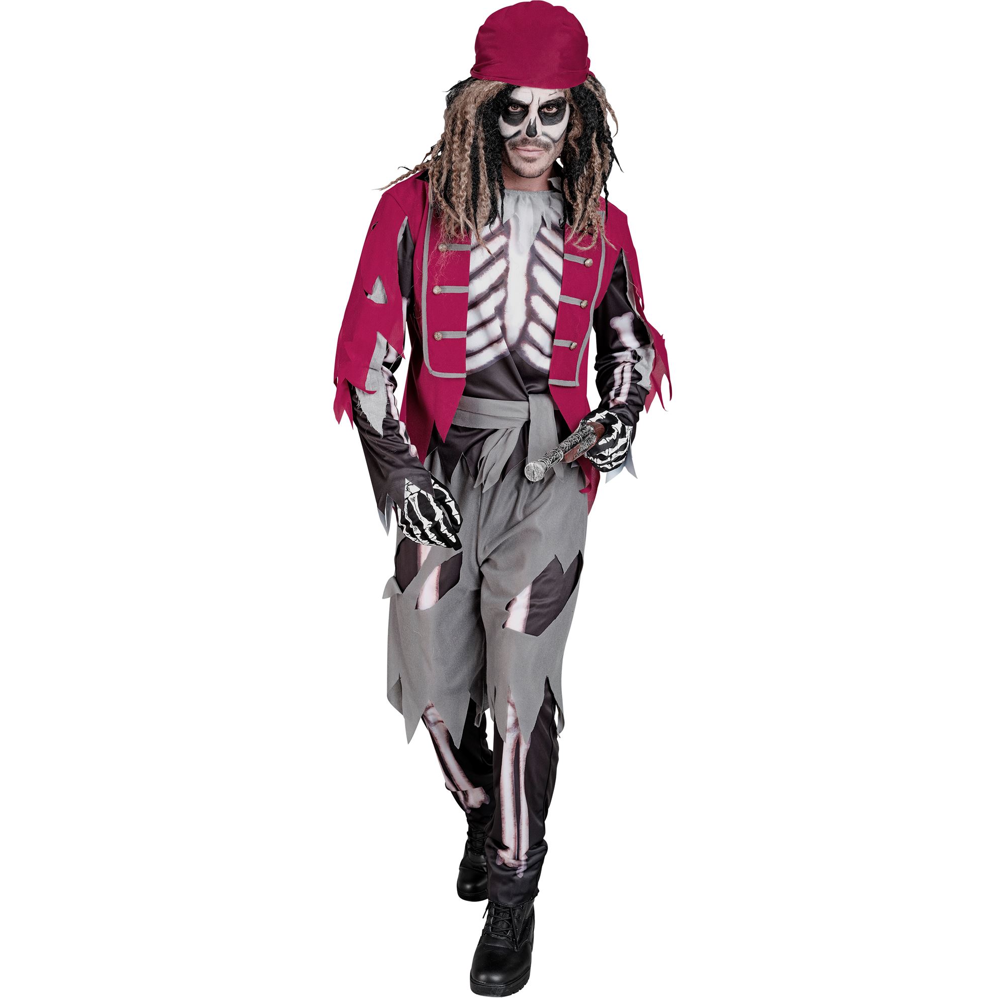 Pirat als Skelett Gr. S (Oberteil mit Weste und Gürtel, Hose, Bandana)