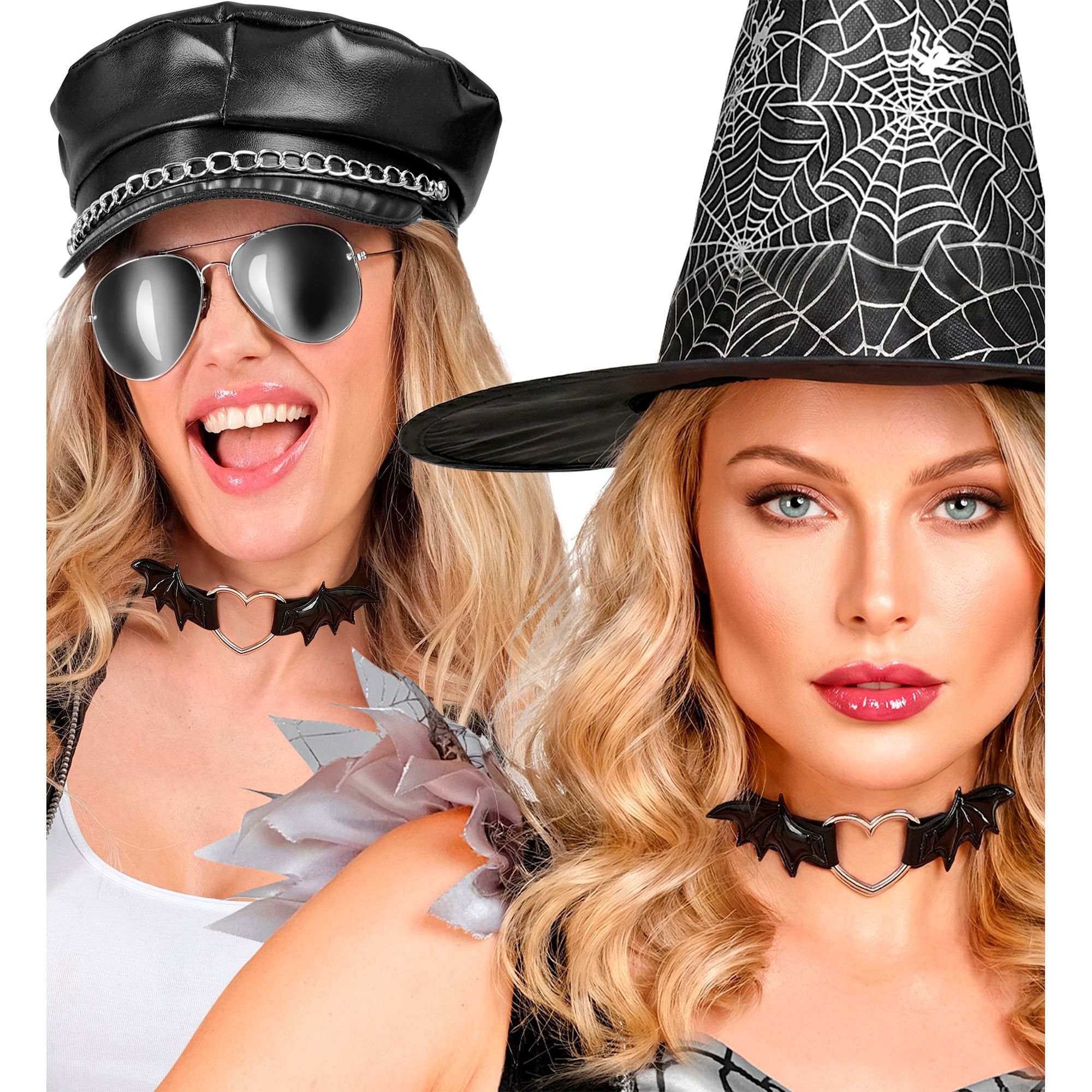 Halsband schwarz mit Fledermausflügeln und Herz silber