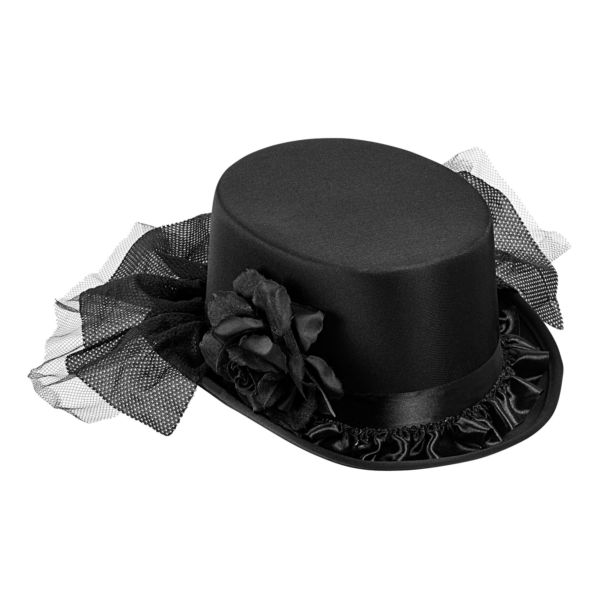 Zylinder mit Tüll schwarz und schwarzer Rose