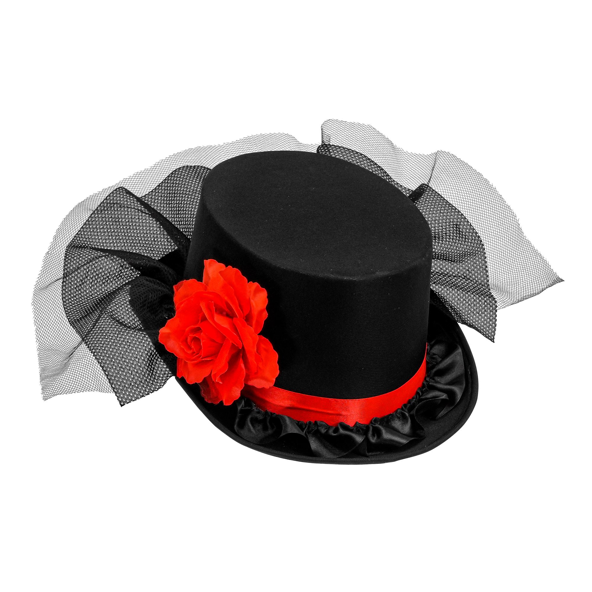 Zylinder mit Tüll schwarz und roter Rose