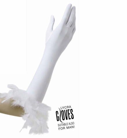 Handschuhe Lycra weiss mit Federn 40cm