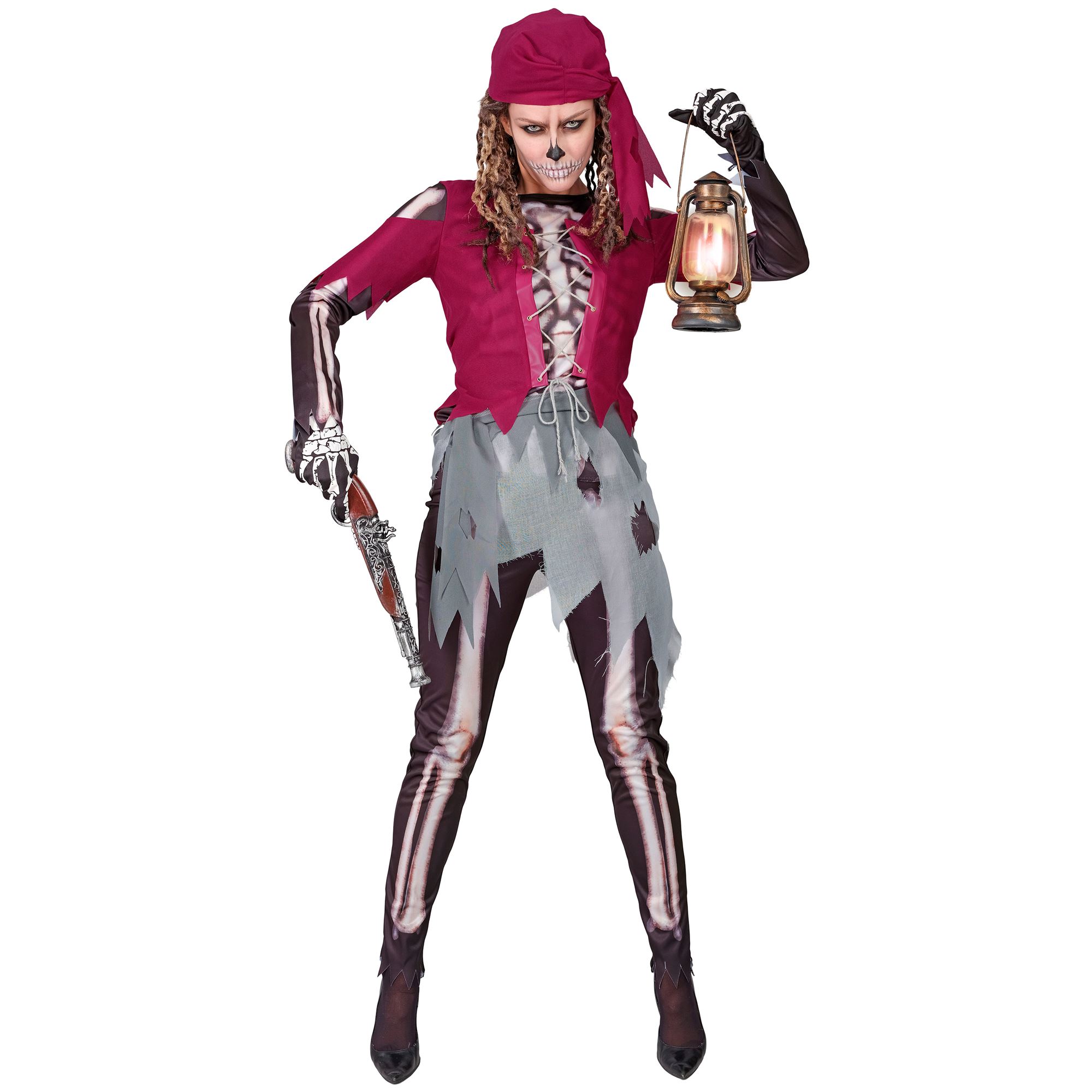 Piratin als Skelett Gr. S (Hemd mit Korsett und Rock, Leggings, Kopftuch)