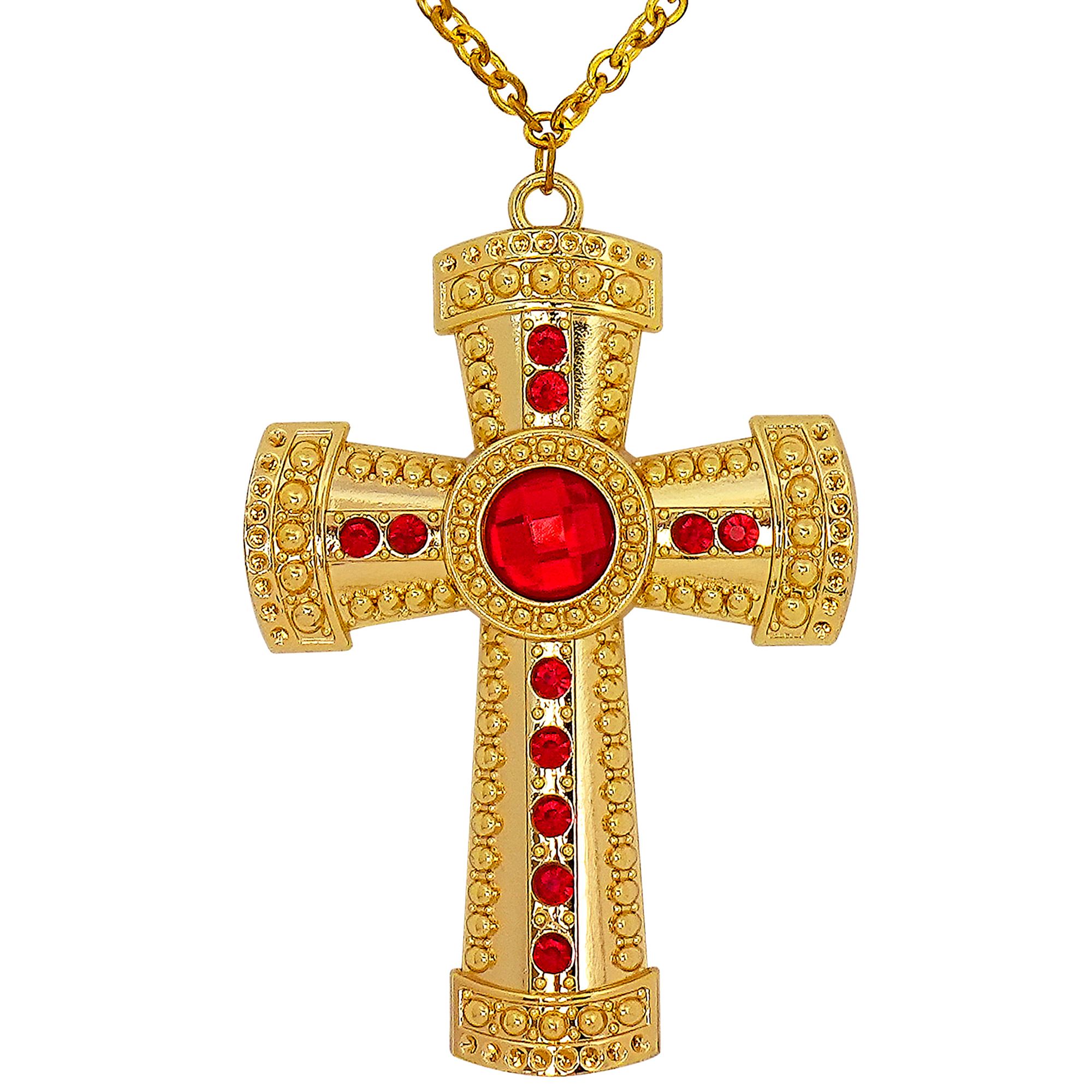 Halskette Gold mit Kreuz und  roten Edelsteinen