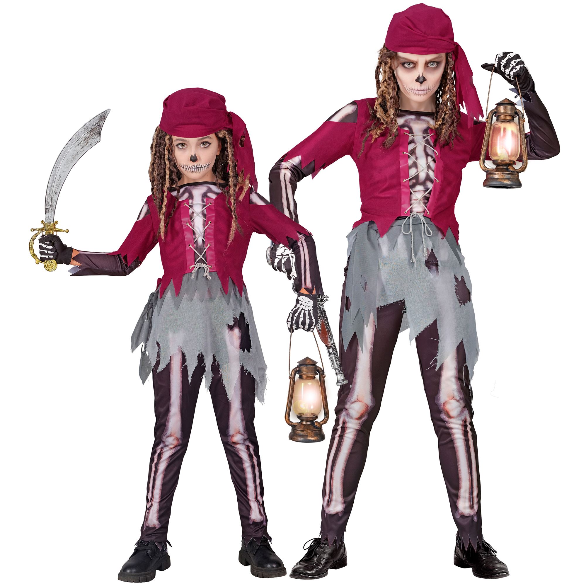 Piratin als Skelett Gr. 116 (Hemd mit Korsett und Rock, Leggings, Kopftuch)